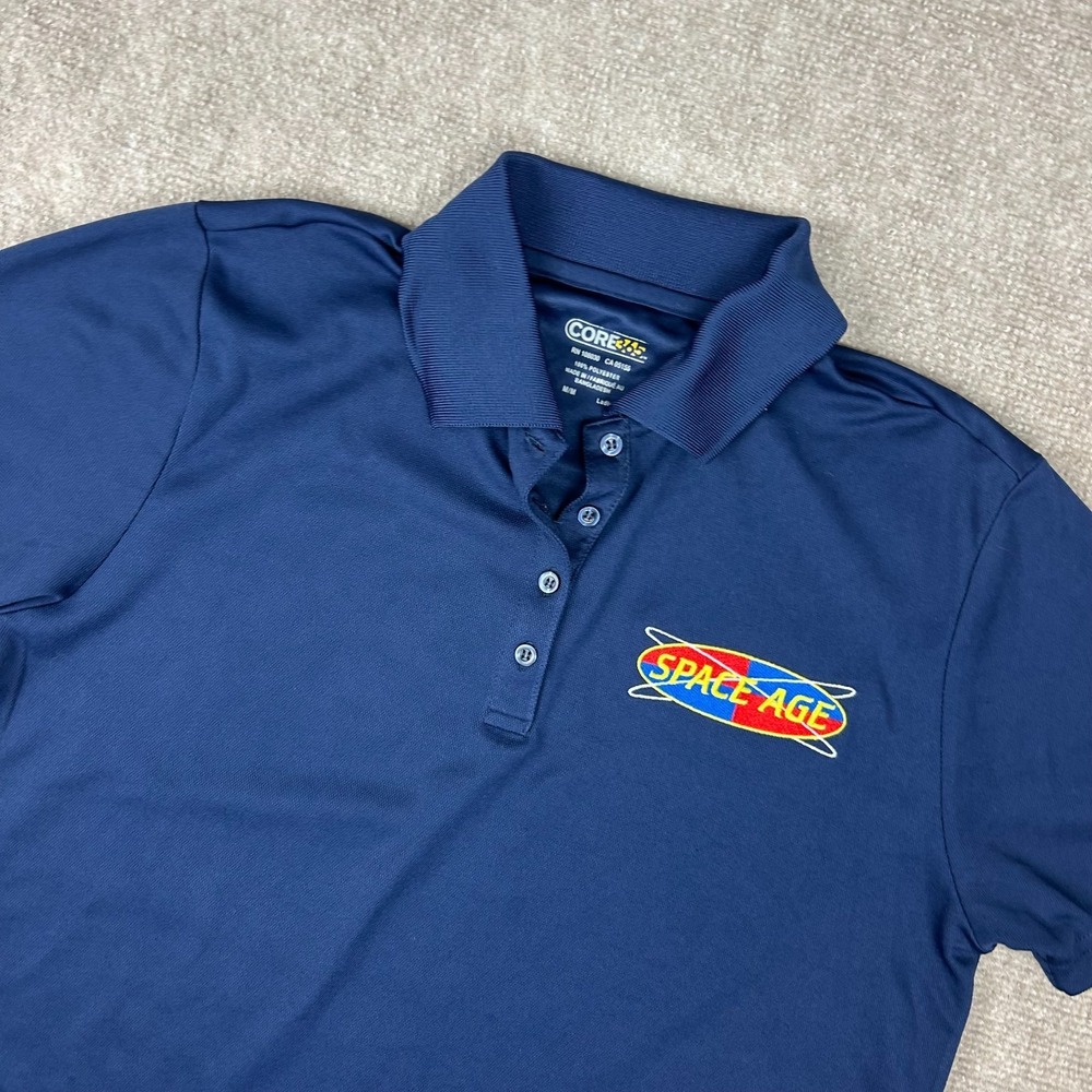 Space Age Gas Station Polo Shirt‎ Womens Medium Navy Blue Embroidered Logo